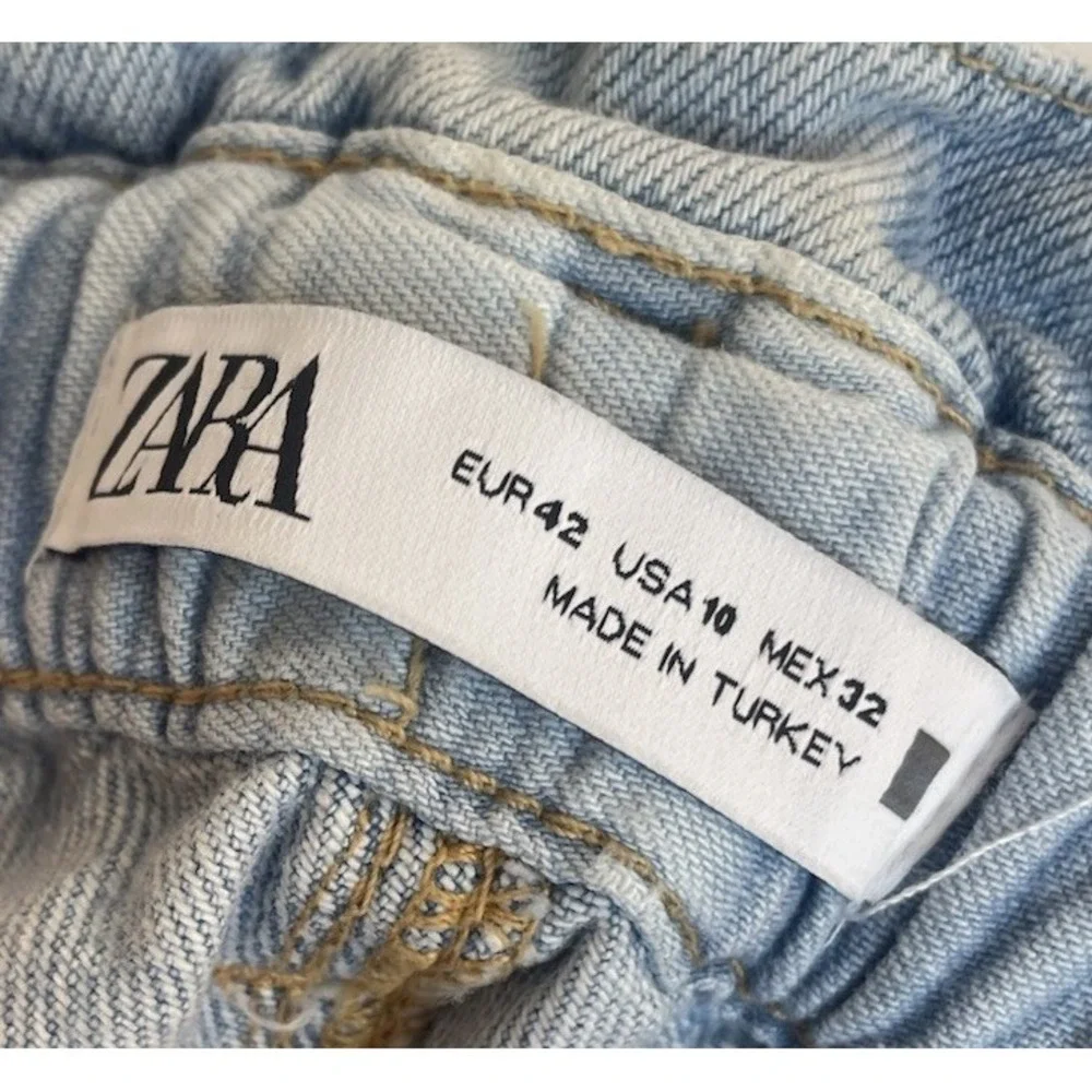Zara Womens Blue Jeans Size 10 Light Wash Denim Ruffle Paperbag Waist Tapered - Picture 4 of 5